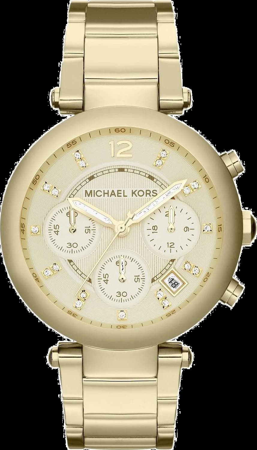 Montre Michael Kors MK5276 au cadran texturé doré avec index brillants et aiguilles dorées, style chic et lumineux