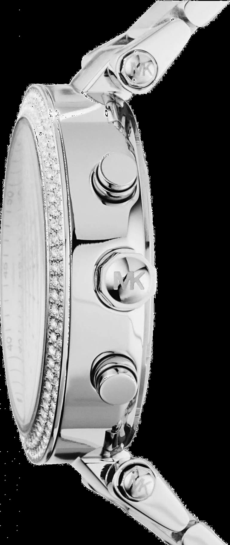 Cadran Michael Kors MK5353 avec index bâtons, aiguilles dorées et date à 3h, cristaux Swarovski sur la lunette