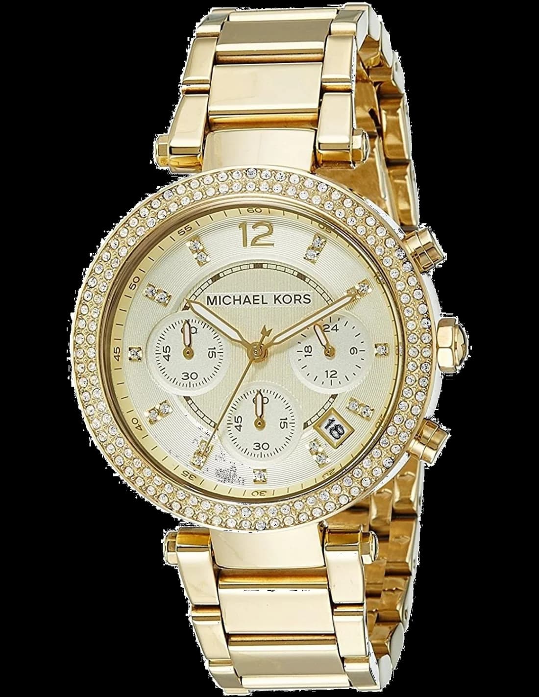 Montre Michael Kors MK5354 en acier doré avec cadran blanc orné de cristaux Swarovski, style chic et lumineux