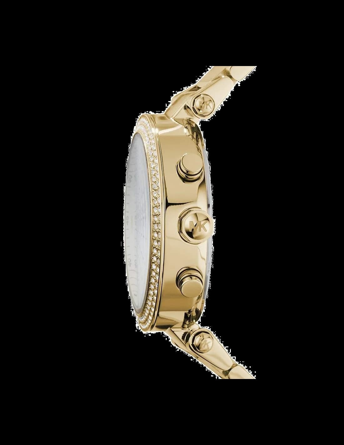 Cadran Michael Kors MK5354 blanc avec index dorés et aiguilles bâtons, cristaux Swarovski sur la lunette, date à 3h