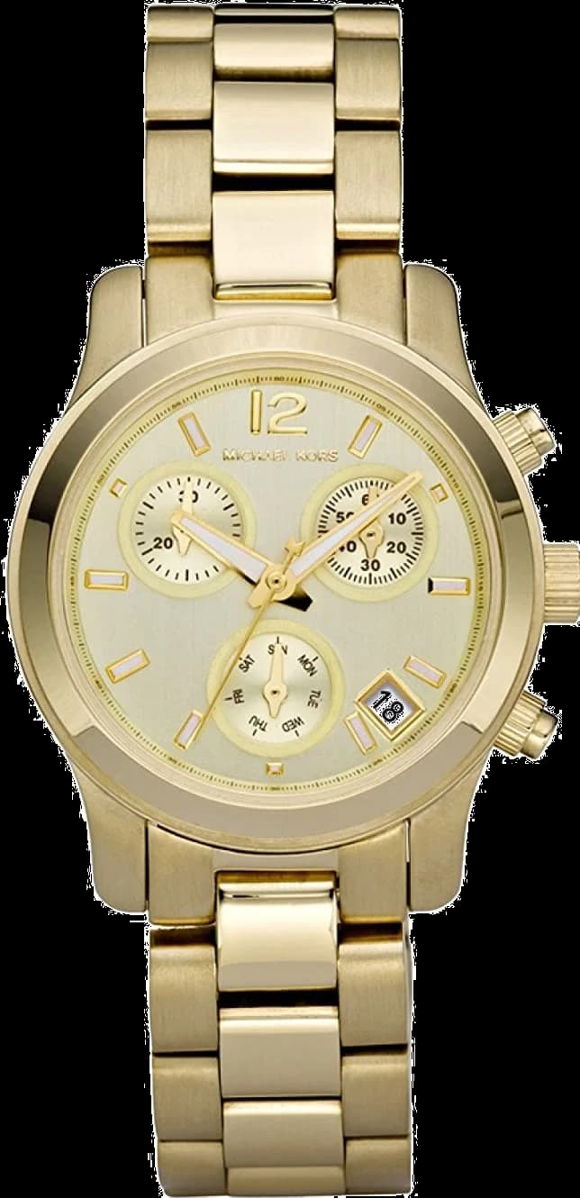 Cadran Michael Kors MK5384 avec index bâtons dorés, aiguilles dauphine et guichet date à 3h, look classique
