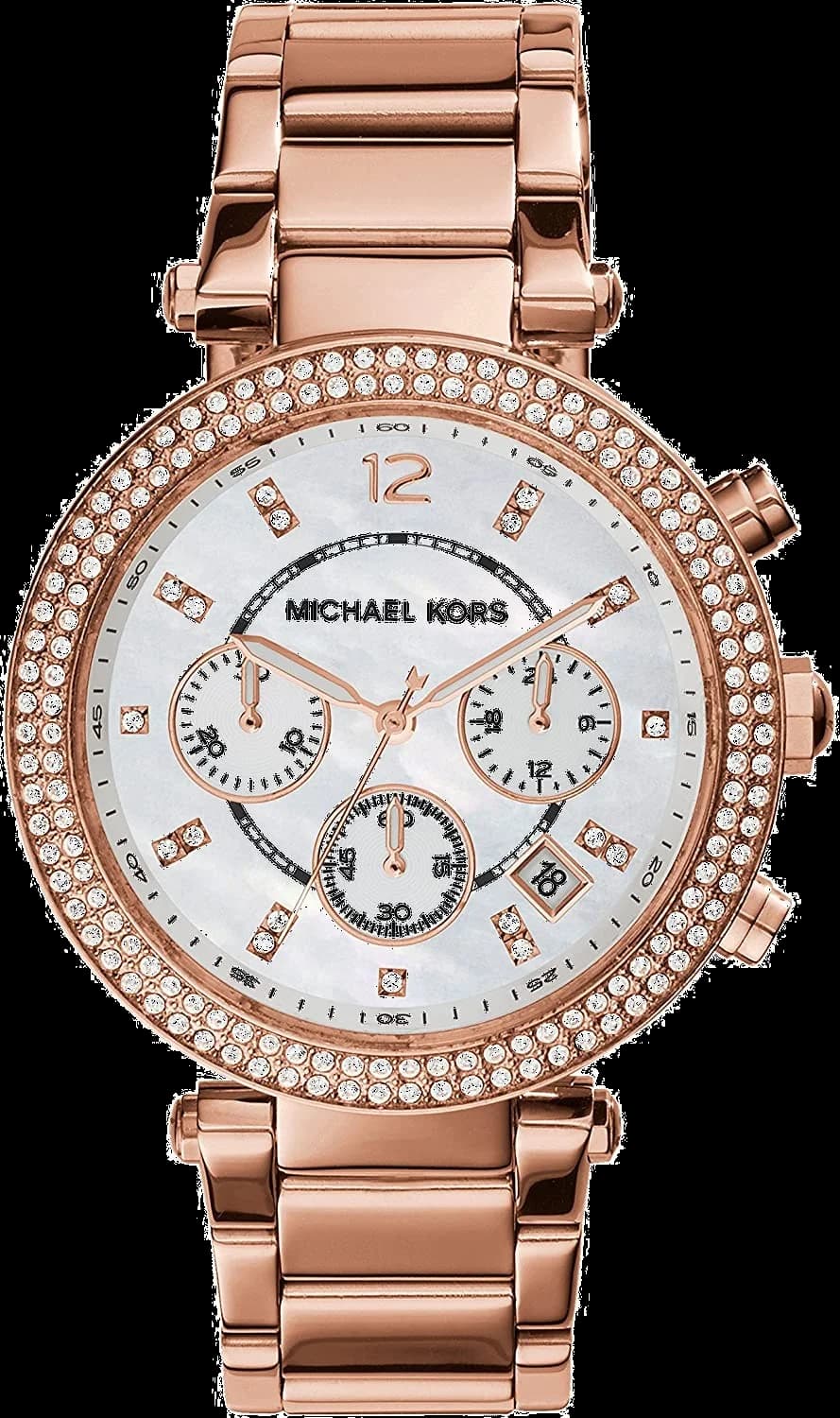 Montre Michael Kors MK5491 au cadran or rose avec index cristaux et aiguilles dorées, style chic et lumineux