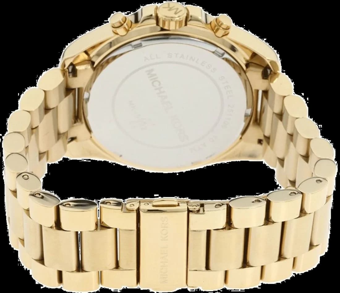 Cadran Michael Kors MK5502 détail des index appliqués dorés, aiguilles squelettes et guichet date à 3h, finition soignée