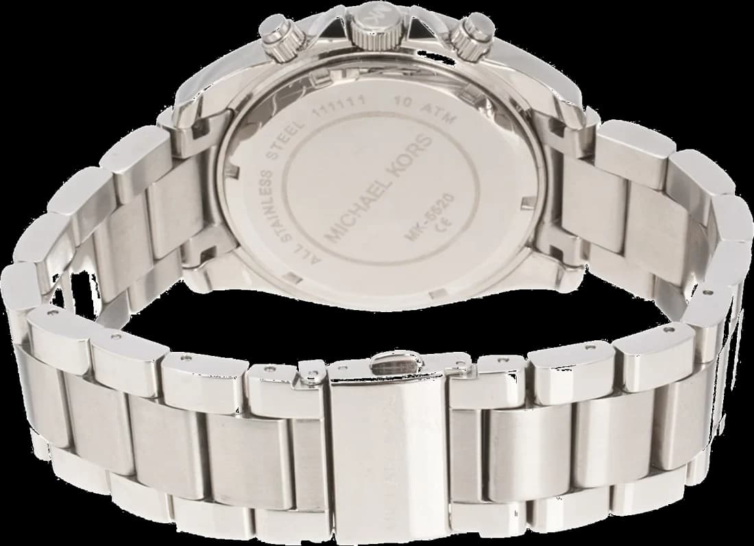Cadran Michael Kors MK5520 avec index bâtons et chiffres romains, aiguilles luminescentes, chronographe et guichet date à 4h30