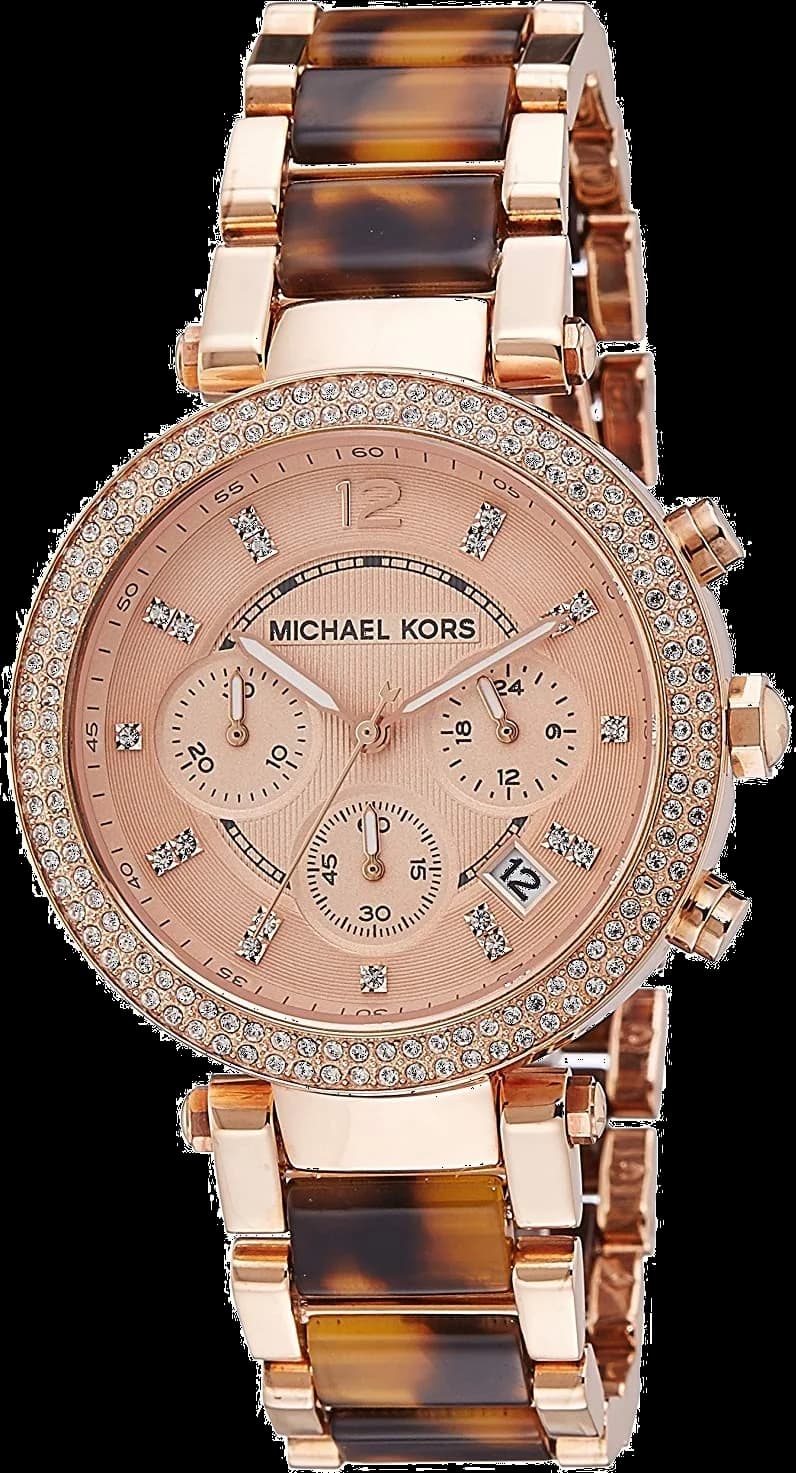 Montre Michael Kors MK5538 au cadran blanc nacré et index dorés sur bracelet bicolore acétate et acier