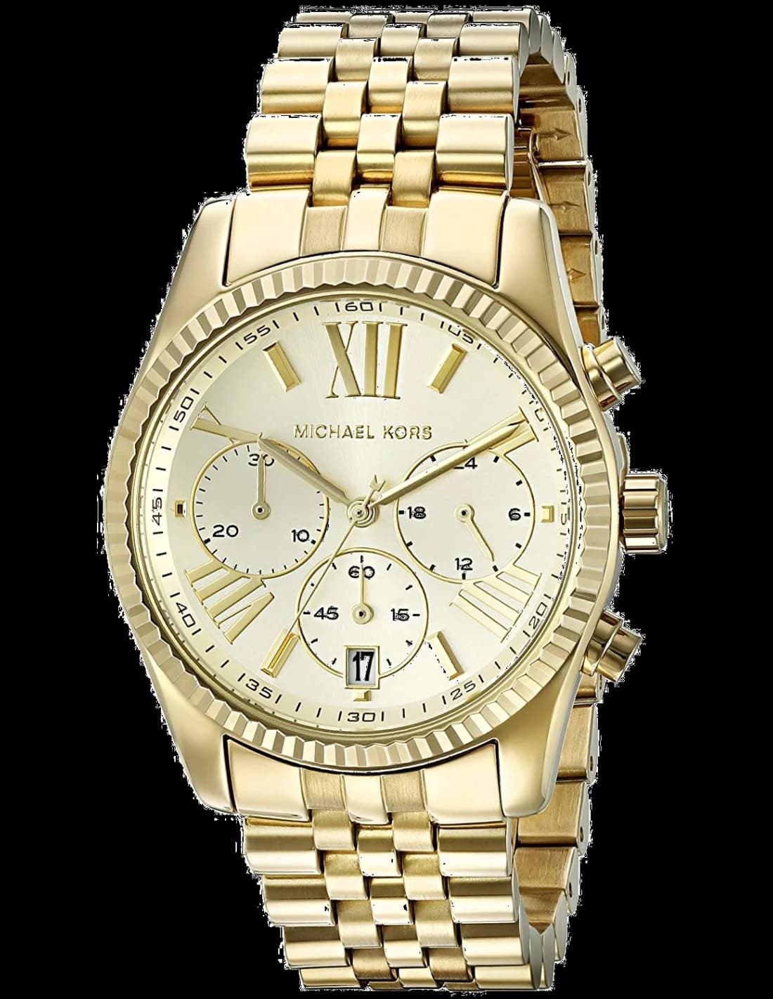 Montre Michael Kors MK5556 au cadran doré soleil avec index bâtons et aiguilles dorées, style chic et lumineux