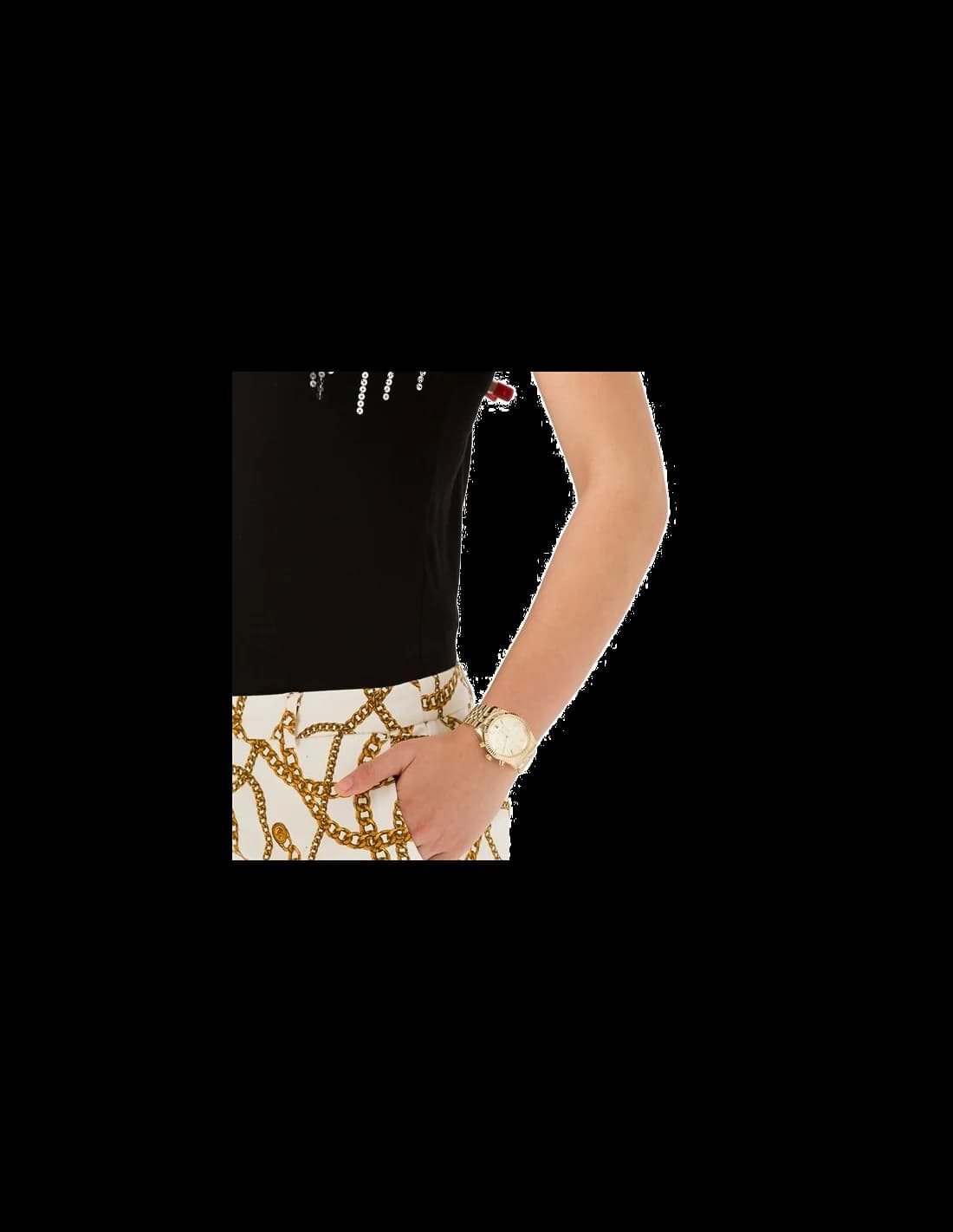 Boîtier Michael Kors MK5556 en acier doré avec lunette cannelée fixe, verre minéral, épaisseur 10mm, profil élégant