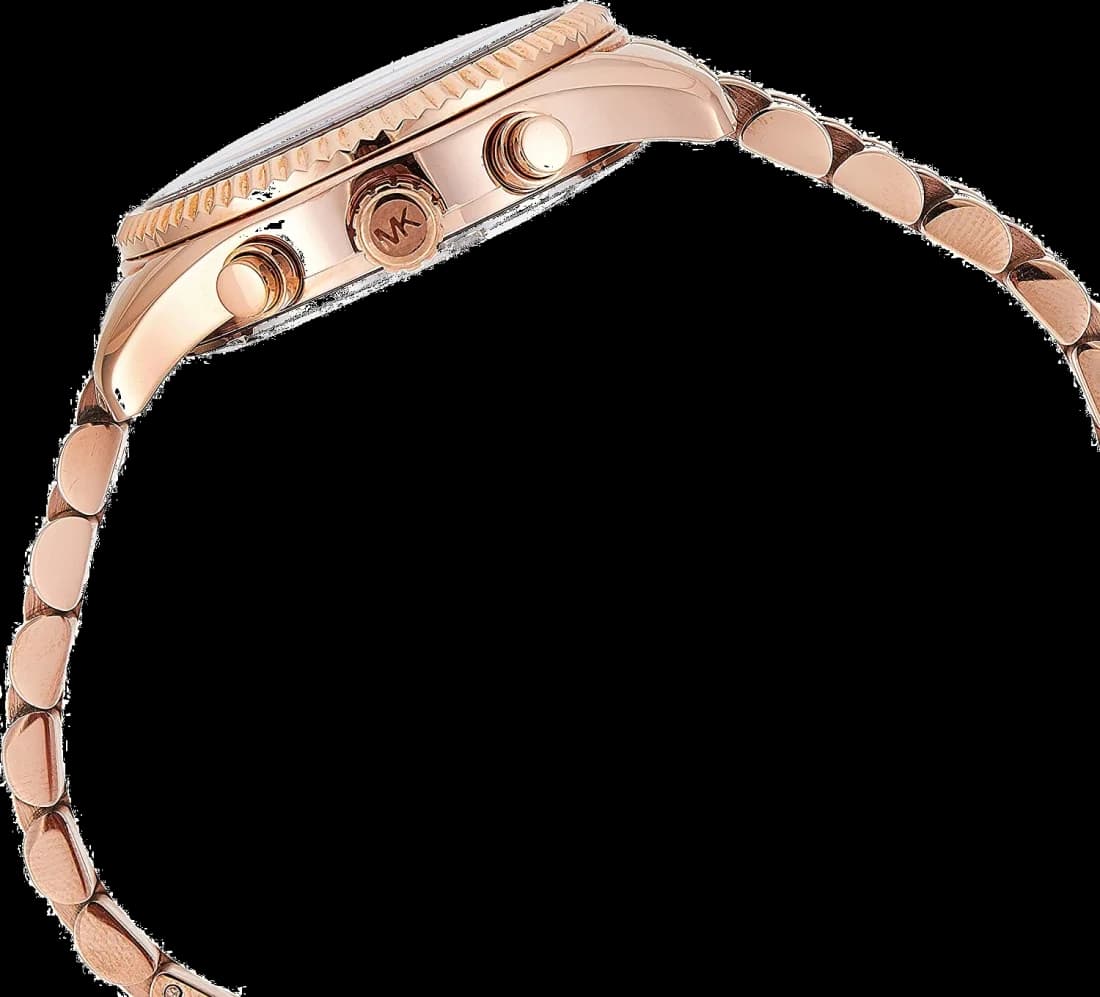 Cadran Michael Kors MK5569 champagne soleillé, compteurs chronographe noirs, index appliqués et date à 6h, lisibilité parfaite