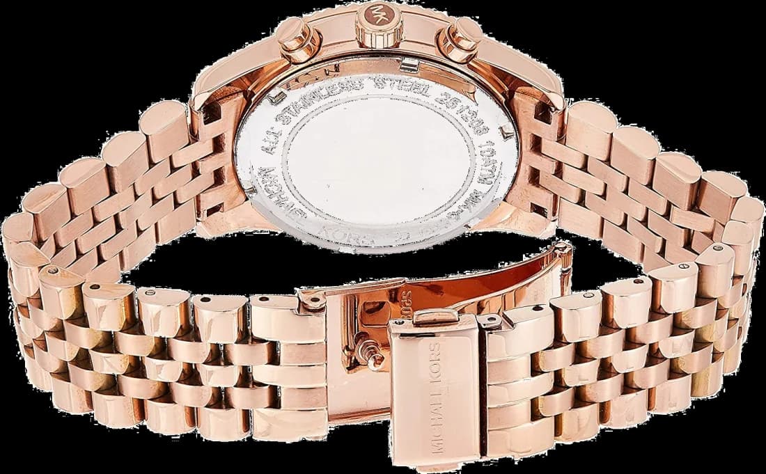 Bracelet Michael Kors MK5569 en acier PVD or rose à maillons larges, fermoir déployant double sécurité, finition brossée et polie