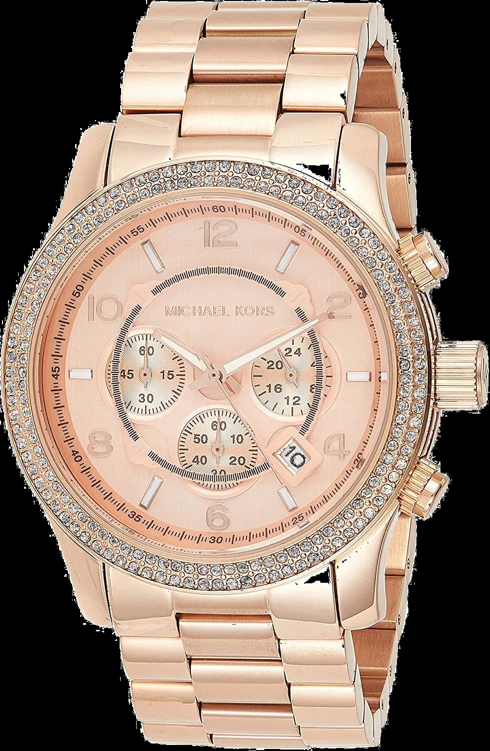 Montre Michael Kors MK5576 avec cadran blanc nacré, index dorés rose et lunette ornée de strass