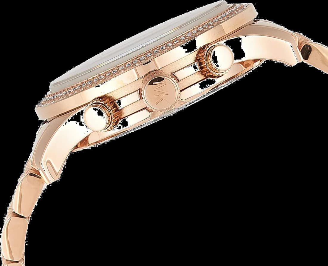 Cadran Michael Kors MK5576 présente trois sous-cadrans, aiguilles dorées rose et index appliqués