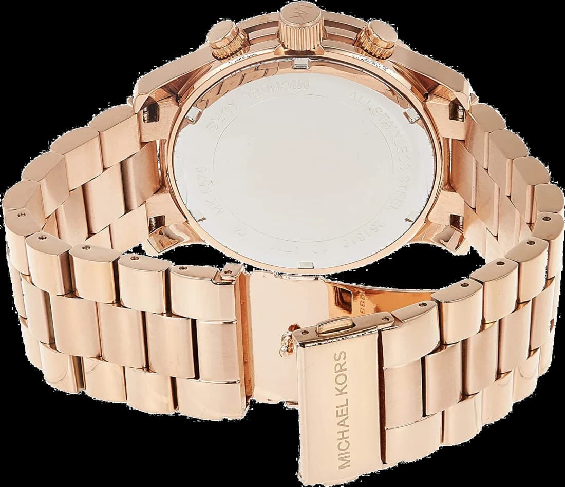 Bracelet Michael Kors MK5576 en acier doré rose, maillons satinés et poli, fermoir déployant à double bouton