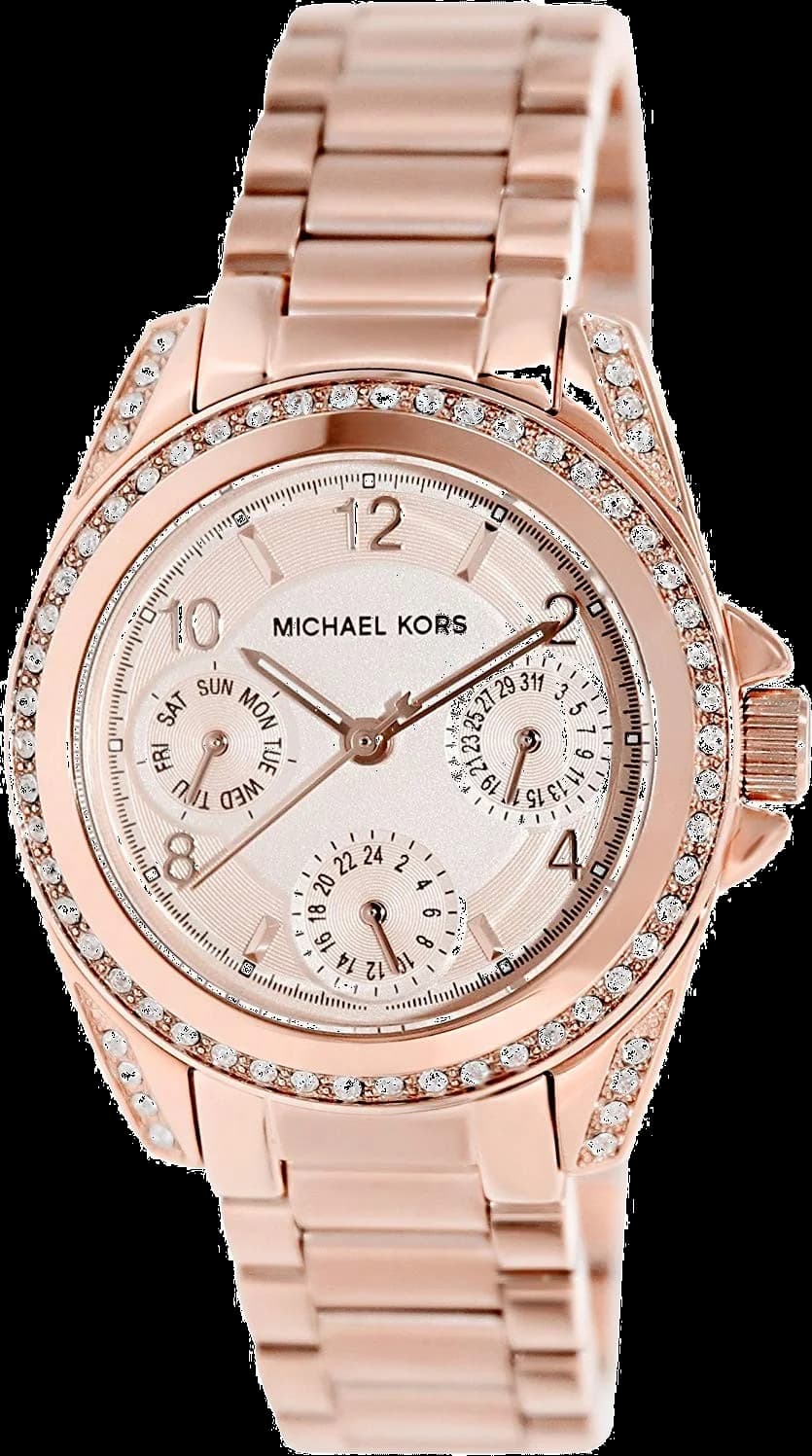 Montre Michael Kors MK5613 au cadran or rose avec index dorés et aiguilles bâton sur fond soleil