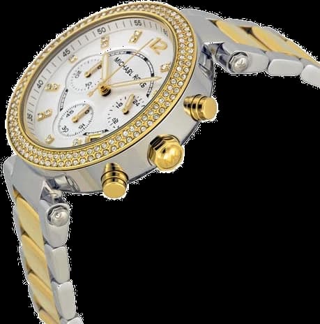 Bracelet Michael Kors MK5626 en acier bicolore or rose et argent, maillons polis et satinés, fermoir déployant à boutons-poussoirs