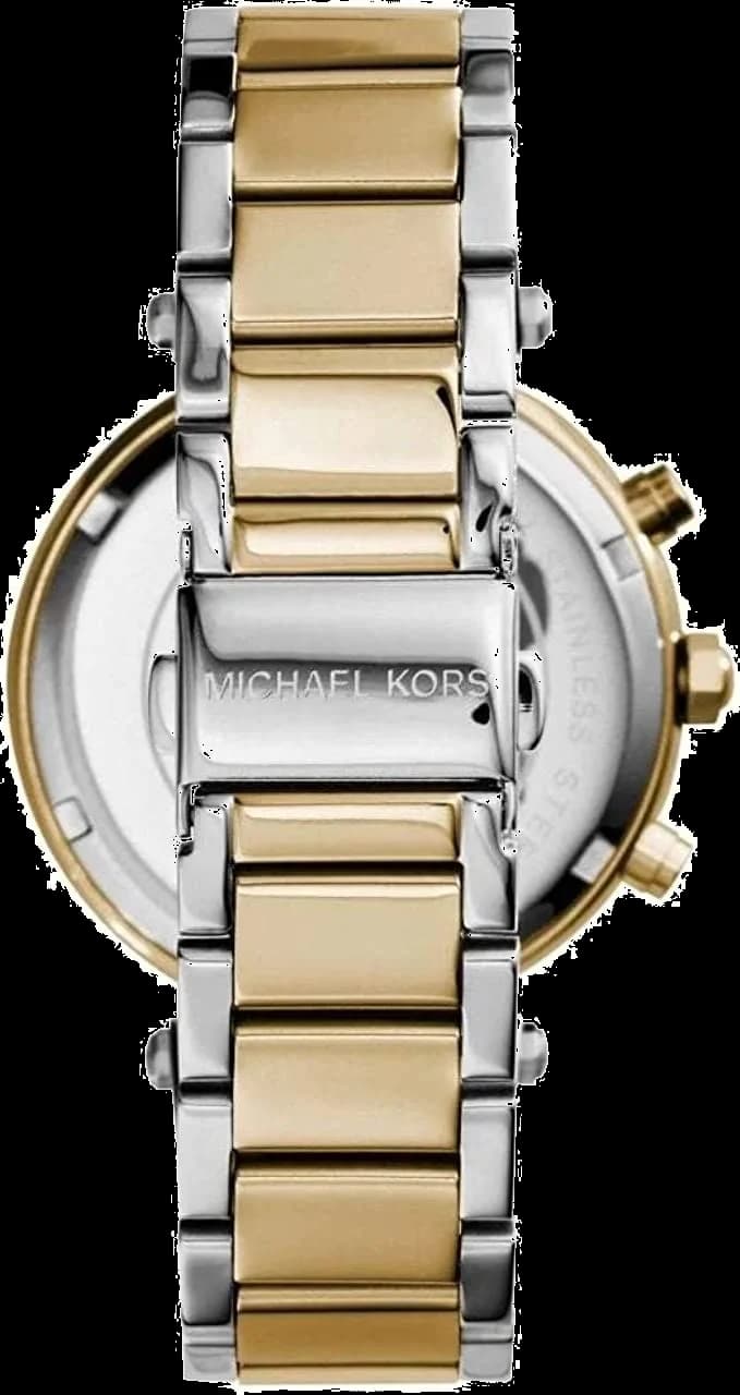 Boîtier Michael Kors MK5626 en acier bicolore 42 mm, lunette fixe lisse, verre minéral, couronne et poussoirs dorés