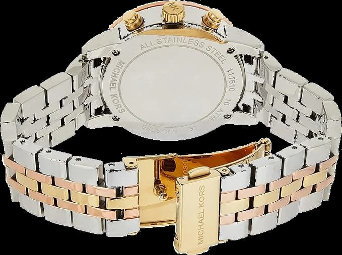 Bracelet Michael Kors MK5650 en acier bicolore maillé, fermoir déployant signé, maillons alternés or et argent