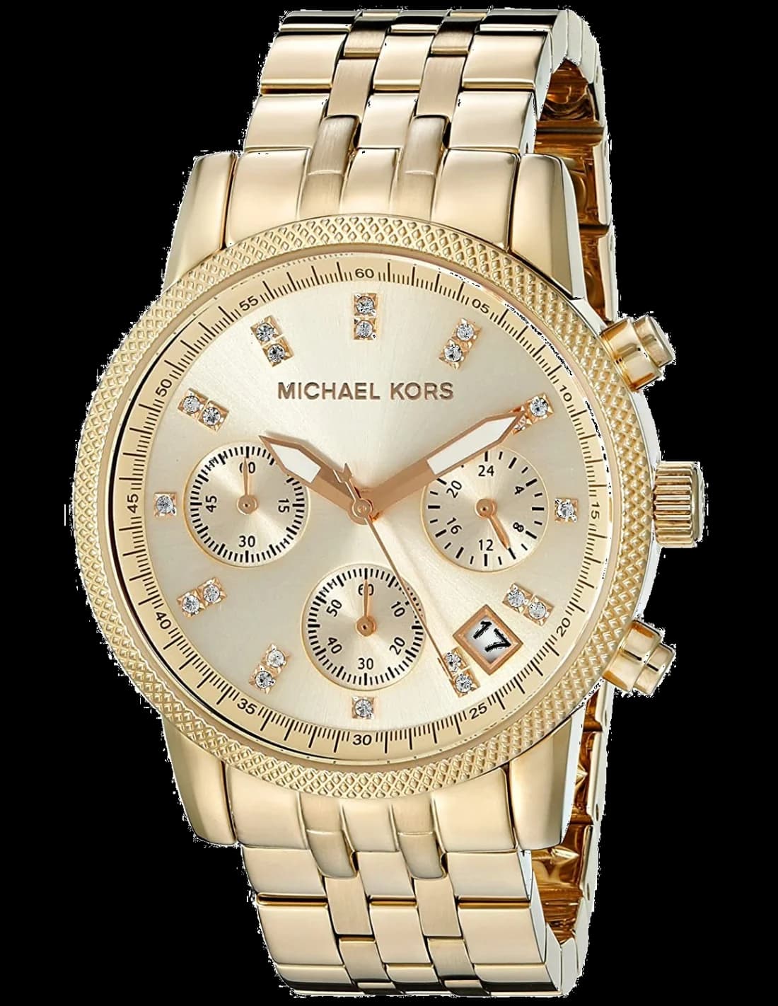 Montre Michael Kors MK5676 au cadran blanc nacré avec index strass et aiguilles dorées, style chic et lumineux