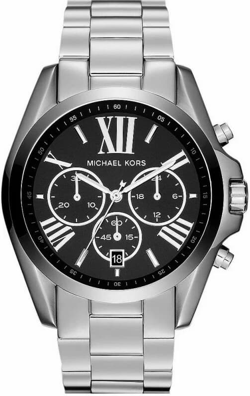 Montre Michael Kors MK5705 au cadran noir soleillé avec index bâtons argentés et aiguilles luminescentes, style chic et sportif