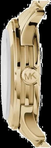 Cadran Michael Kors MK5706 avec logo MK central orné de brillants, index bâtons et aiguilles dorées sur fond soleil
