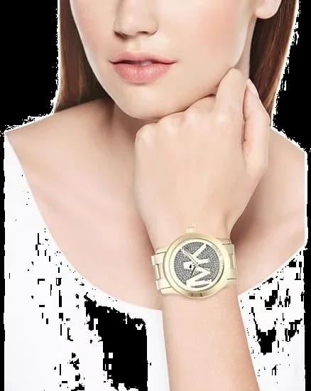 Bracelet Michael Kors MK5706 en acier inoxydable doré, maillons larges, fermoir déployant, finition polie et luxueuse