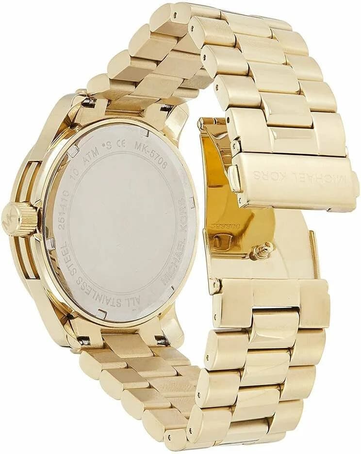 Boîtier Michael Kors MK5706 en acier inoxydable doré, lunette lisse, profil fin, verre minéral, couronne crantée