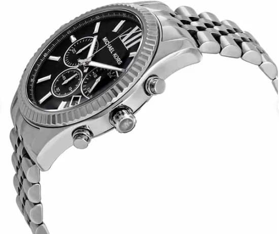 Cadran Michael Kors MK5708 noir avec compteurs chronographe, aiguilles dorées et index bâtons, lisibilité parfaite