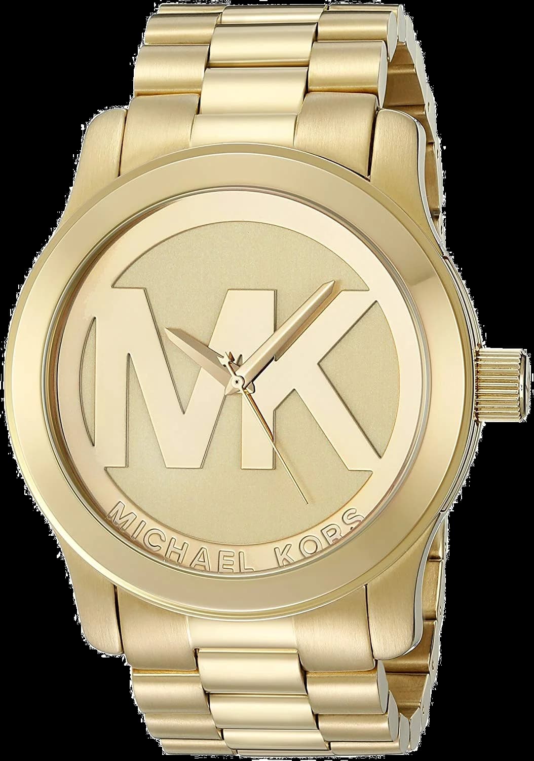 Montre Michael Kors MK5786 au cadran doré soleil, aiguilles et index dorés sur fond lumineux, style chic et raffiné
