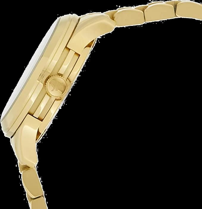 Cadran Michael Kors MK5786 aux index bâtons dorés, aiguilles dorées, guichet date à 3h, cadran doré soleil