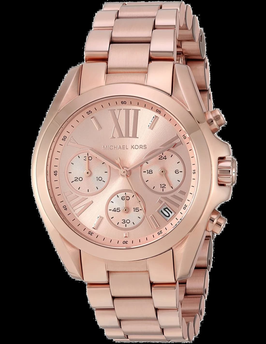 Montre Michael Kors MK5799 Bradshaw en acier et or rose, cadran noir soleil avec index dorés et trotteuse centrale
