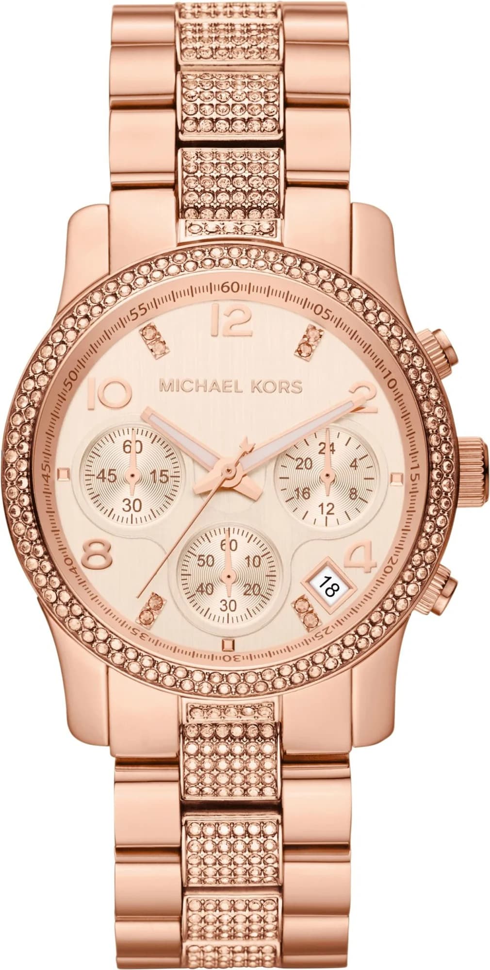 Cadran Michael Kors MK5827 avec index bâtons dorés, aiguilles or rose et guichet date à 3h