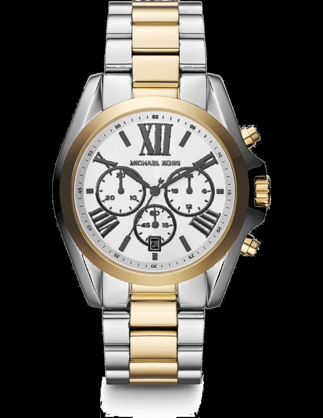 Montre Michael Kors MK5855 avec cadran argenté soleil, index bicolores et aiguilles dorées sur fond lumineux