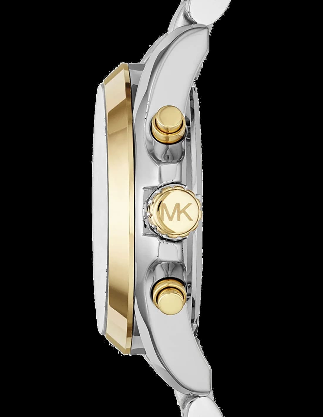 Cadran Michael Kors MK5855 aux index appliqués bicolores, aiguilles dorées et date à 3h sur fond argenté soleillé