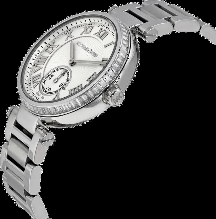 Cadran Michael Kors MK5866 au cadran blanc soleil, index appliqués dorés, aiguilles bâton, date à 3h, style minimaliste chic