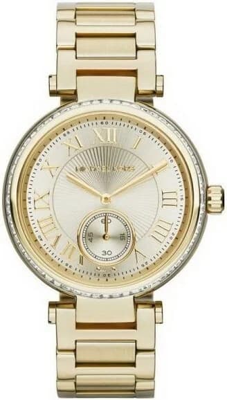 Montre Michael Kors MK5867 en acier doré avec cadran champagne orné de strass, style élégant et raffiné