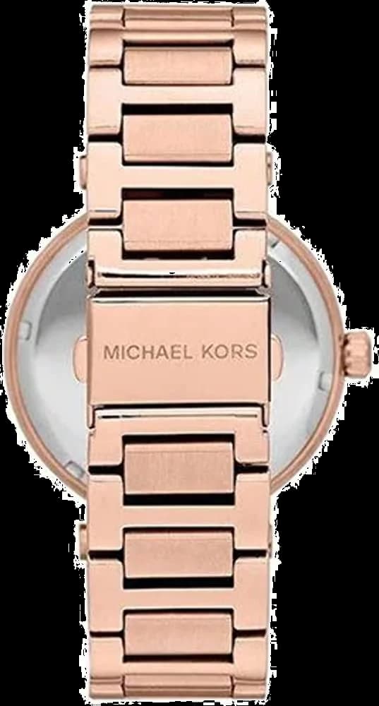 Bracelet Michael Kors MK5868 en acier doré rose à maillons larges, pavé de cristaux sur les maillons, fermoir déployant