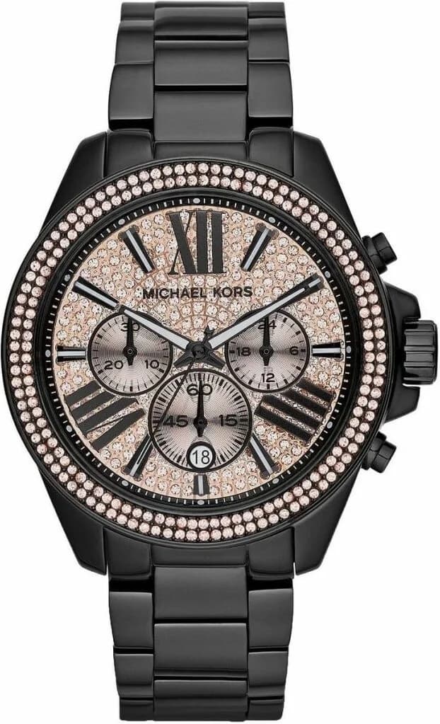Cadran Michael Kors MK5879 aux index dorés et aiguilles fines sur fond rose brillant pailleté
