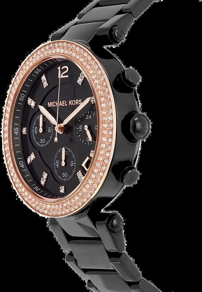 Cadran Michael Kors MK5885 blanc nacré avec index dorés, aiguilles dorées, date à 3h, couronne or rose sertie de brillants