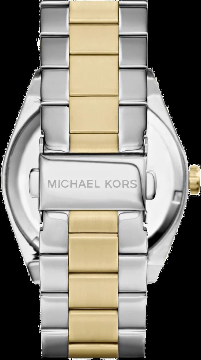 Cadran Michael Kors MK5893 au cadran bleu soleil, aiguilles dorées et index bâtons, style chic intemporel