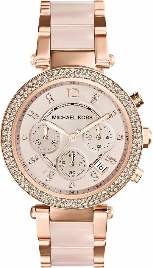 Montre Michael Kors MK5896 avec cadran blanc nacre, index dorés et aiguilles bâton, style chic et féminin
