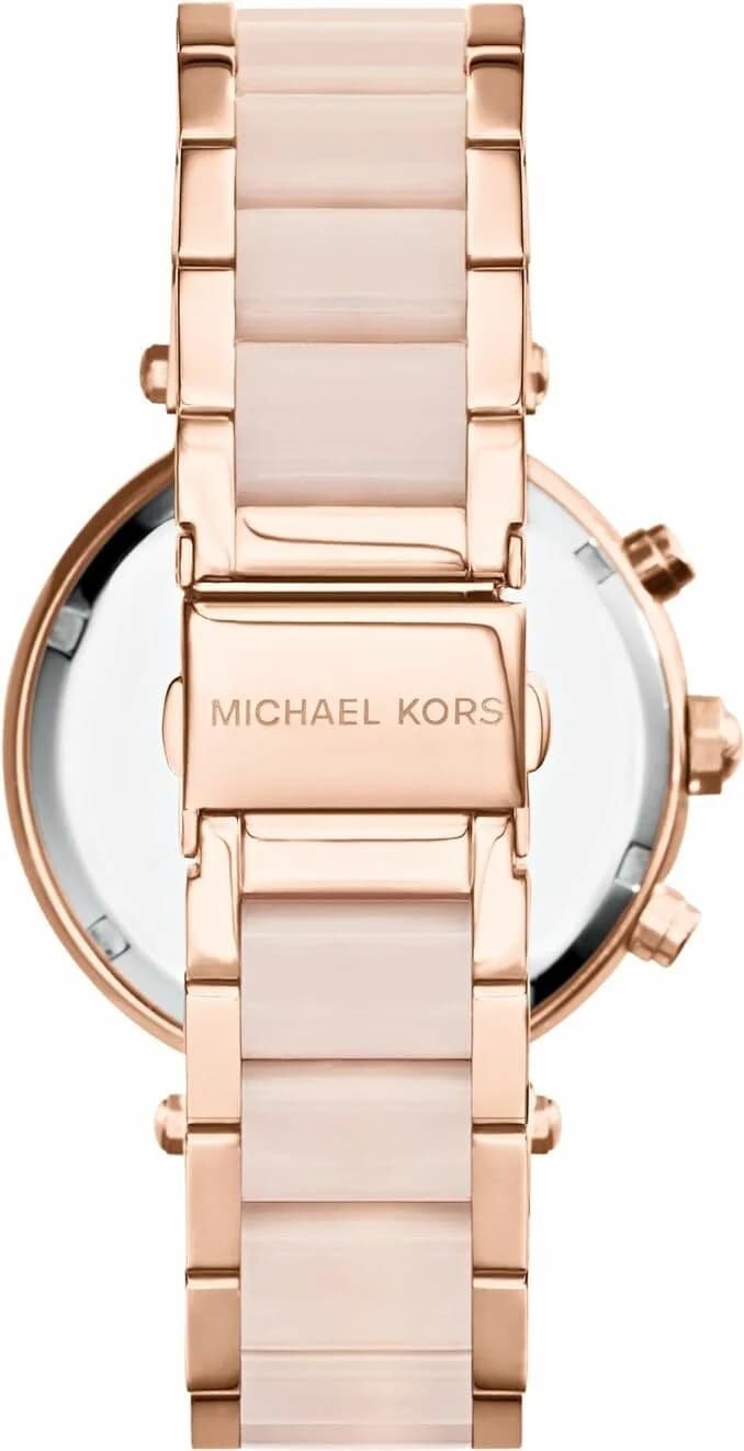 Bracelet Michael Kors MK5896 en acier or rose et acétate, maillons bicolores, fermoir déployante, allure moderne et élégante