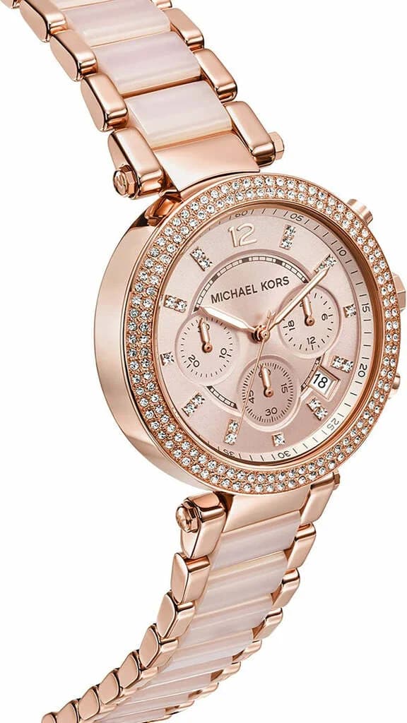 Boîtier Michael Kors MK5896 rond en acier or rose, lunette lisse, verre minéral, profil fin, étanche 50m, look sophistiqué