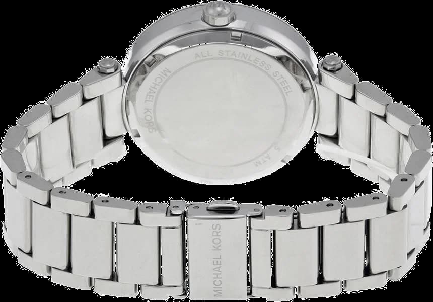 Cadran Michael Kors MK5925 blanc nacré avec index dorés, aiguilles dorées, date à 3h et cristaux incrustés