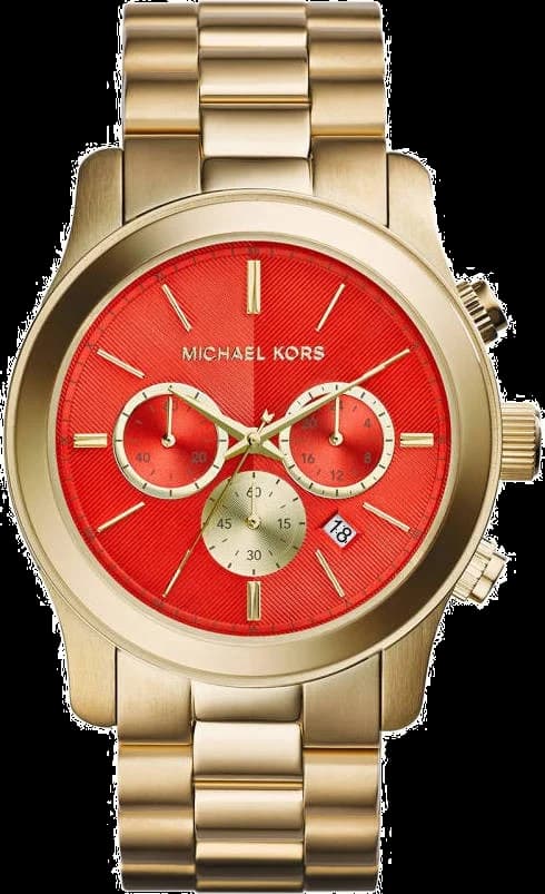 Montre Michael Kors MK5930 avec cadran orange et finitions dorées, style élégant et lumineux