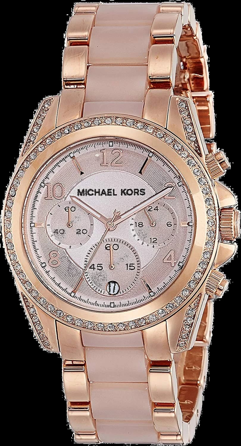 Montre Michael Kors MK5943 au cadran blanc nacré, boîtier or rose et lunette en or rose avec index dorés, style chic et lumineux