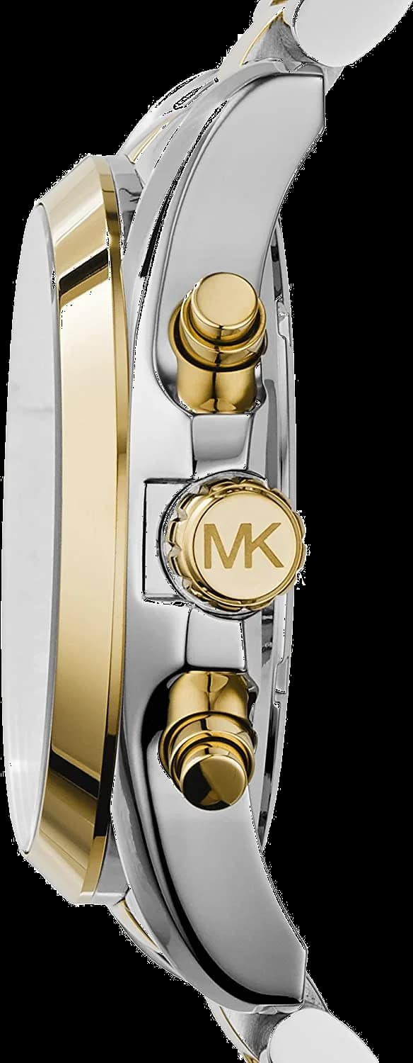 Cadran Michael Kors MK5976 affichant un guichet date à 3h, aiguilles luminescentes et index bâtons dorés