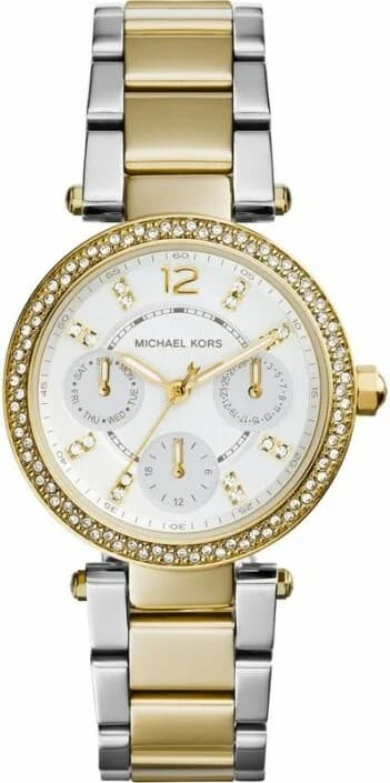 Montre Michael Kors MK6055 au cadran blanc nacré avec index dorés et trotteuse rouge