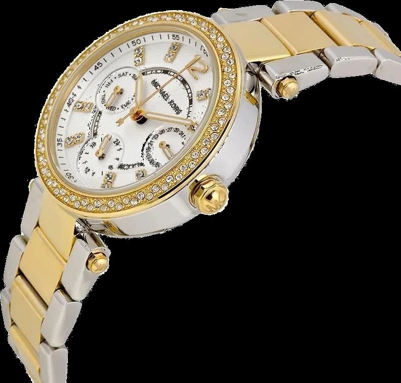 Cadran Michael Kors MK6055 avec index dorés, aiguilles bâtons et guichet date à 3h