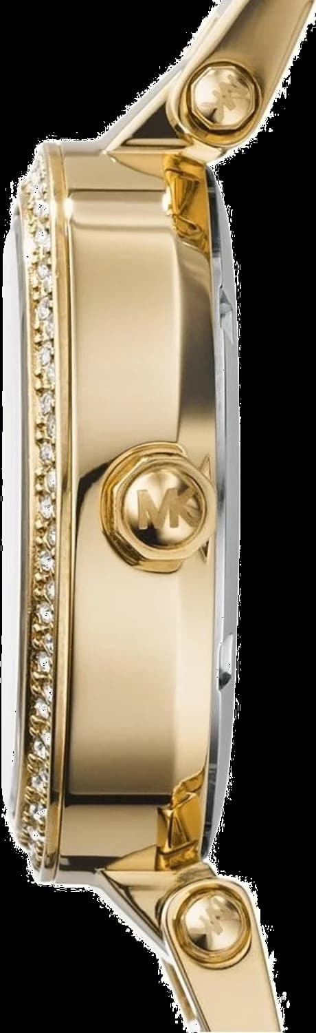 Cadran Michael Kors MK6056 présente un motif soleil, index dorés, aiguilles fines et cristaux à 12h
