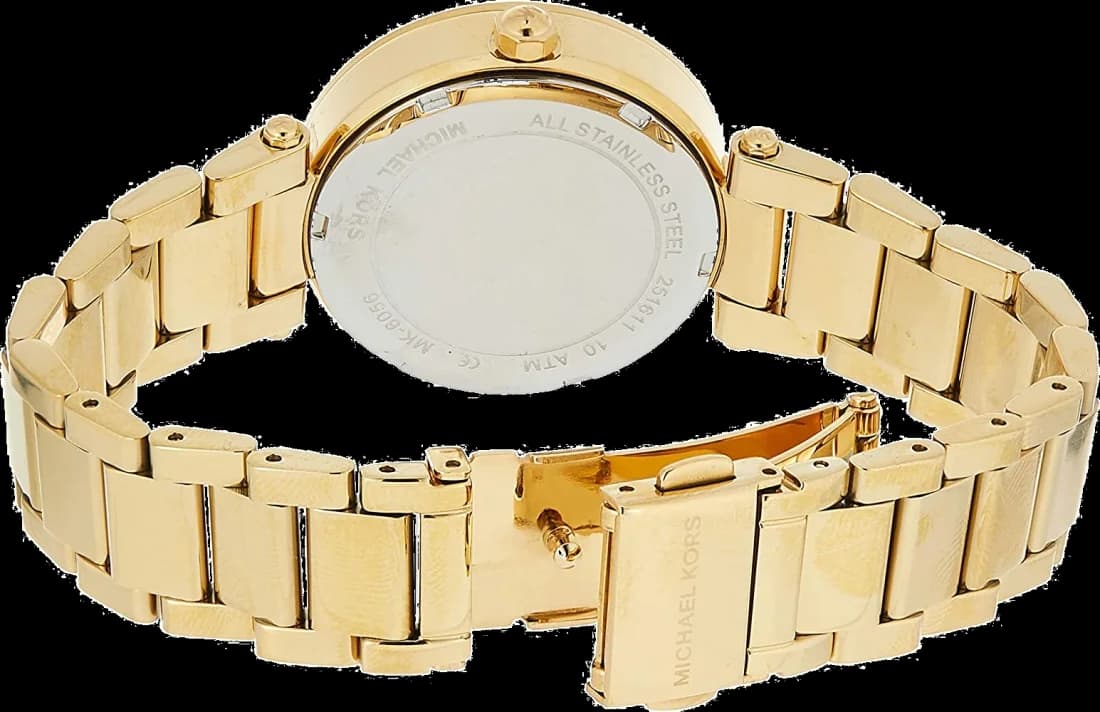 Boîtier Michael Kors MK6056 rond en acier doré, lunette lisse, profil fin, verre minéral résistant