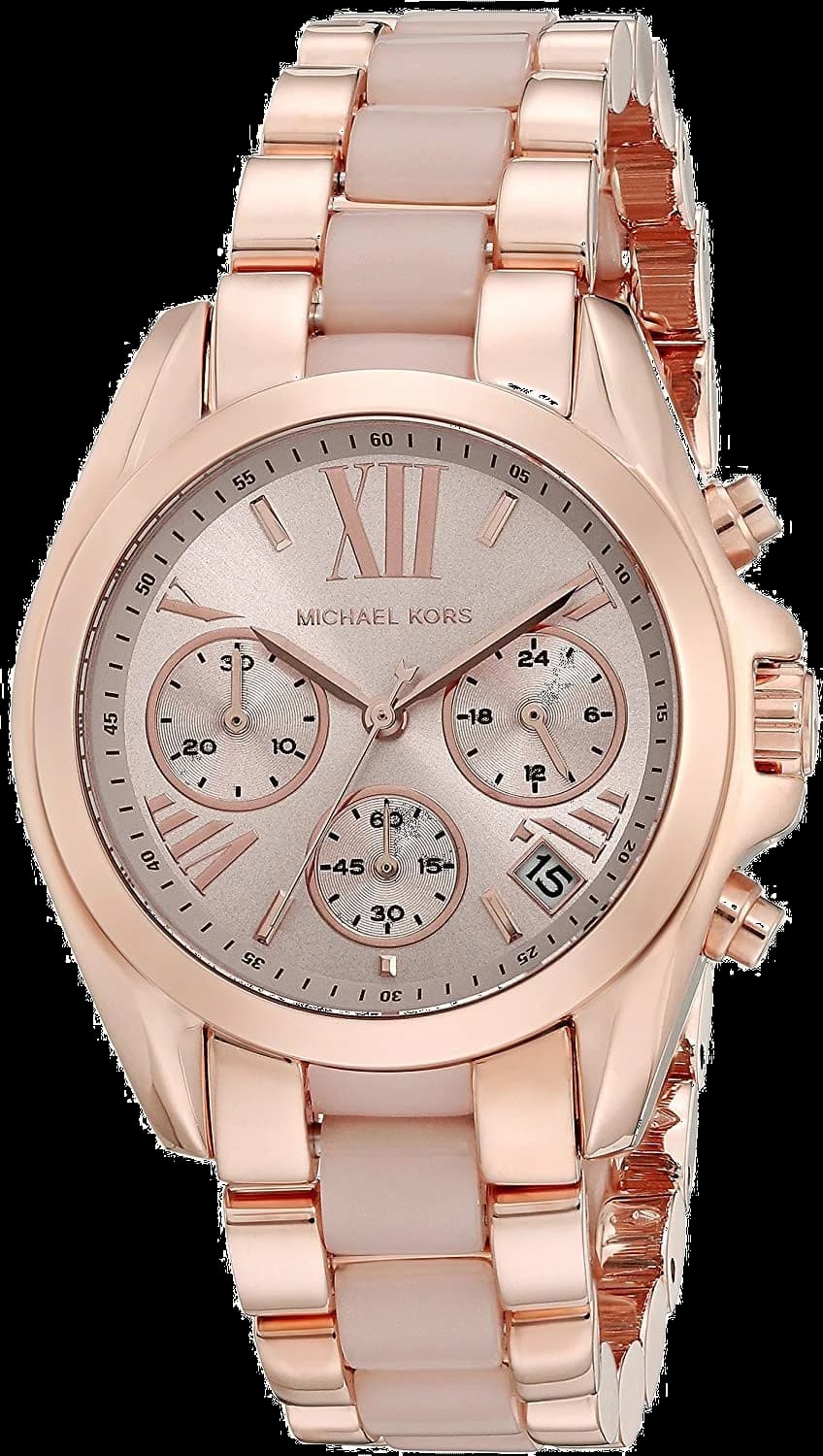 Montre Michael Kors MK6066 au cadran blanc nacré avec index dorés et aiguilles bâton, sur fond or rose et acétate rose clair